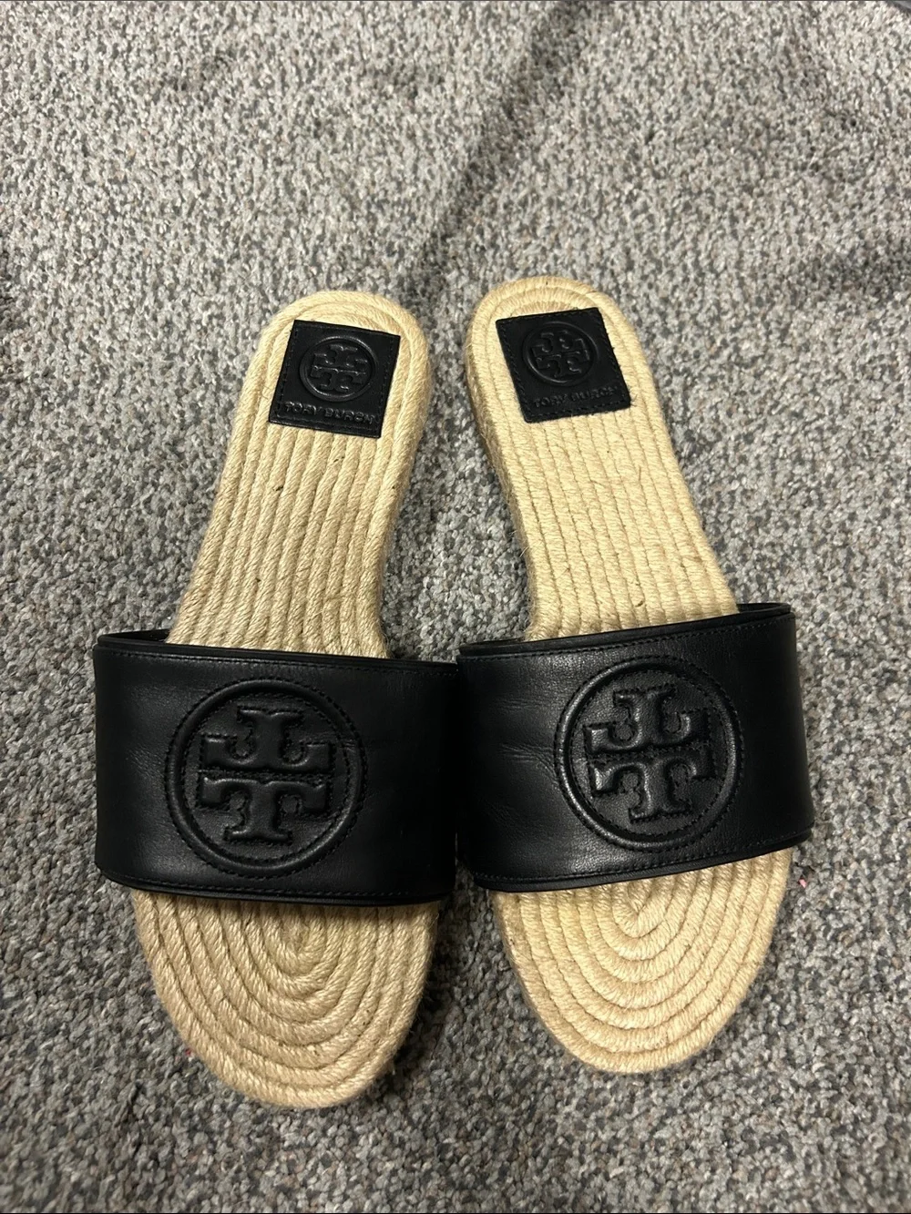 Tory Burch Black Leather Logo Slide Sandals with Natural Raffia Insole
